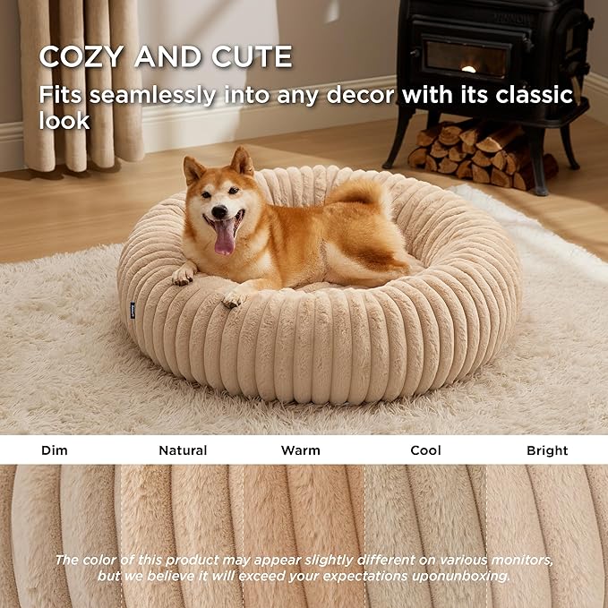 Bedsure Donut Large Dog Bed - Washable Faux Fur with Corduroy Fleece & Anti Slip Bottom, Round Pet Bed with Removable Cover, Sandy Beige, 36x36x8 inches