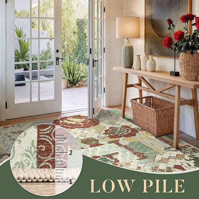 GENIMO 5X7 Floral Area Rugs for Living Room, Machine Washable Non Slip Vintage Patchwork Washable Rug, Ultra-Thin Low Pile Chenille Rugs for Bedroom, Dining Room, Celadon Green