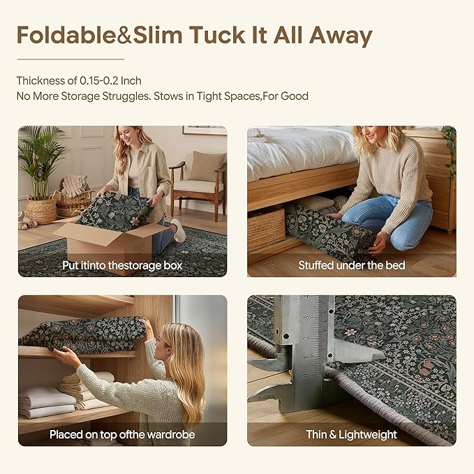 HUGEAR Vintage Floral Machine Washable 5x7 Area Rugs Green Living Room Bedroom Rug Retro Neutral Stain Resistant Non Slip Low Pile Throw Carpet for Office Dining Aesthetic Modern Decor