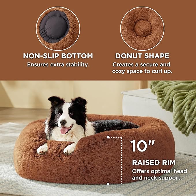 Bedsure Calming Dog Bed for Large Dogs - Donut Washable Large Pet Bed, 36 inches Anti-Slip Round Fluffy Plush Faux Fur Dog Bed, Fits up to 80 lbs Pets, Copper