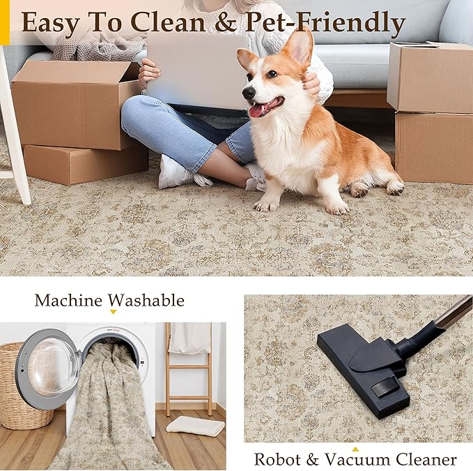 HUGEAR 3x5 Entryway Area Rug Beige Vintage Small Rug Machine Washable Door Mat Retro Floral Low Pile Carpet Vacuumable Distressed Throw Rug Entrance Kitchen Bedroom Bathroom Non Slip Lightweight
