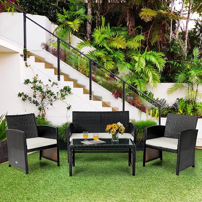Tangkula 8 Pieces Rattan Furniture Set, Outdoor Conversation Set w/Chair & Loveseat & Tempered Glass Coffee Table, Suitable for Garden, Backyard, Poolside, Patio Furniture Set for 8 (2, White)
