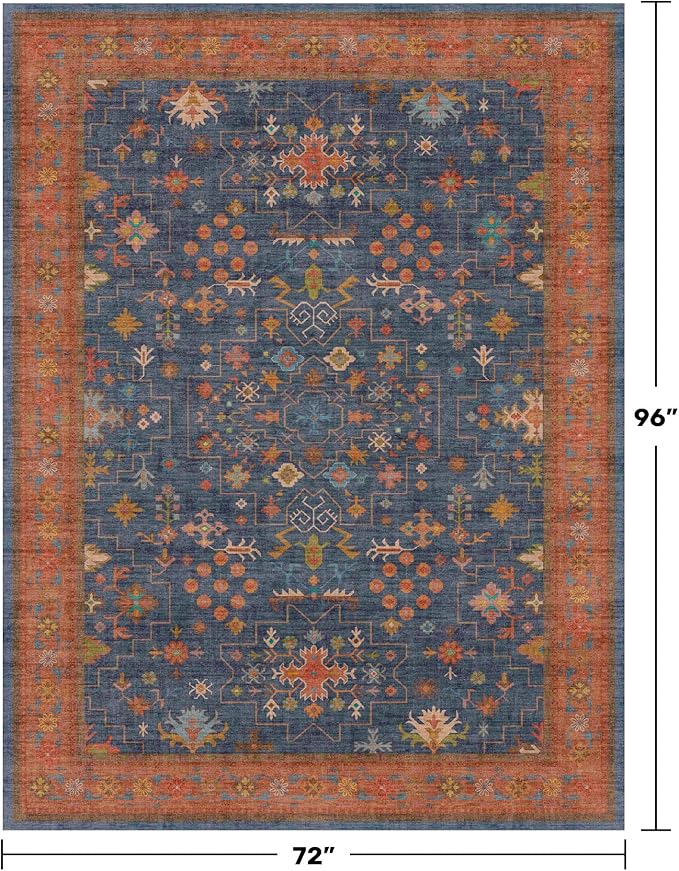 Dining Room Rugs for Under Table - 6x8 Washable Area Rug for Living Room, Low Pile Non-Slip Rugs for Bedroom - Navy Blue & Terracotta Vintage Boho Eclectic Home Decor