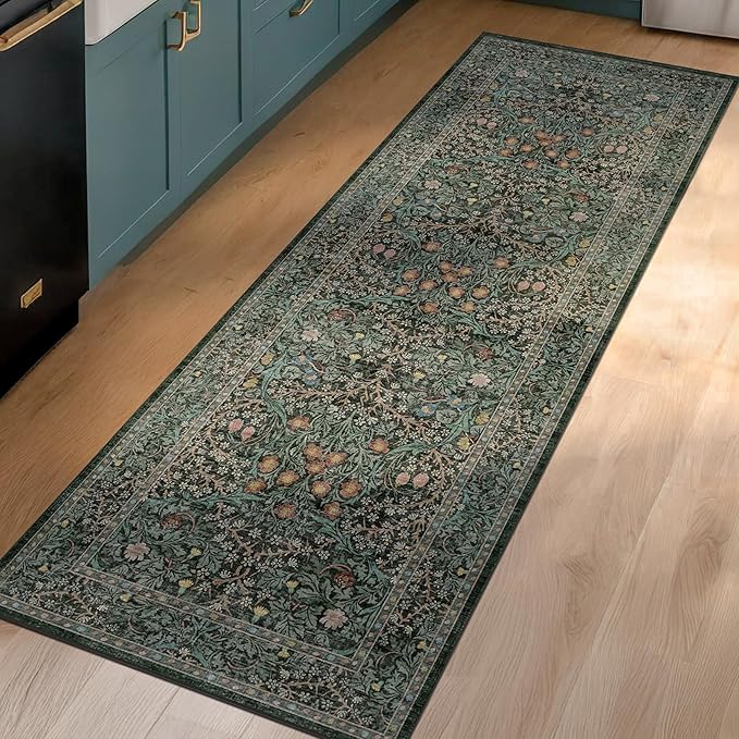Non Slip 2x6 Kitchen Runner Rug Washable, Rubber Backed Hallway Runner Rugs, Boho Vintage Floral Botanical Dark Green Non Skid Carpet for Entryway, Bathroom, Hall Way Mats for Floor