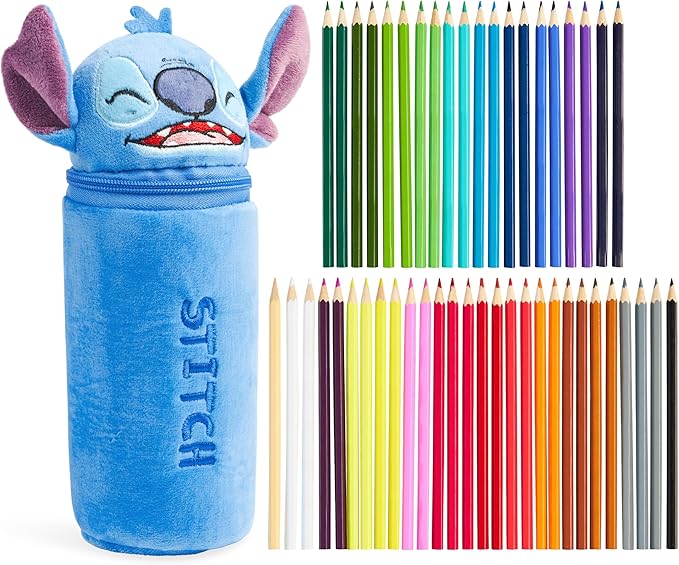 Disney Stitch Colored Pencils and Pencil Case 48 Pcs Color Pencil Set Art Supplies (Blue Stitch)