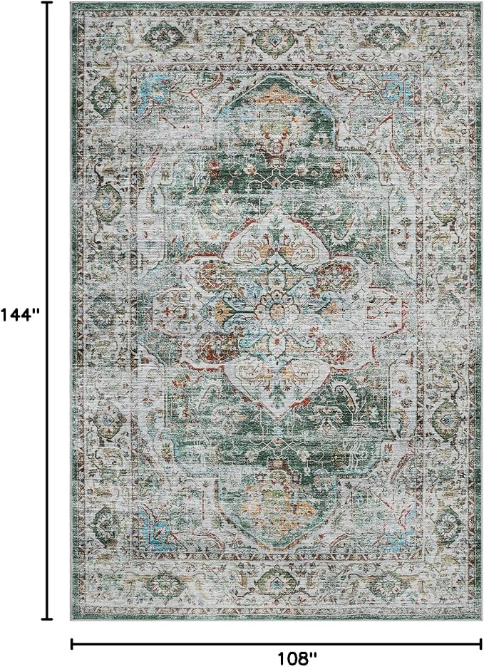9x12 Area Rug,Ultra-Thin Washable Rugs for Living Room,Non-Slip Lightweight Foldable Area Rug,Stain Resistant Vintage Large Rugs (Green,9'x12')