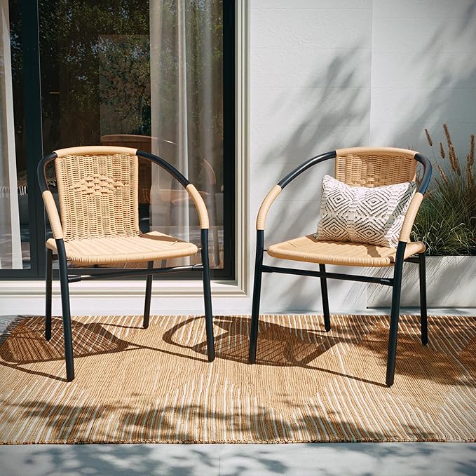 Flash Furniture Lila 2 Pack Beige Rattan Indoor-Outdoor Restaurant Stack Chair