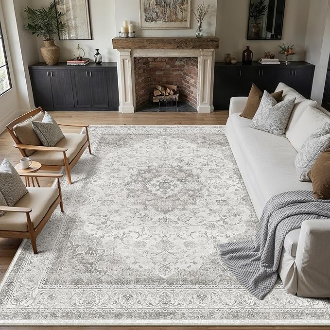 8x10 Grey Washable Vintage Area Rug for Living Room Bedroom Soft Tranditional Non Slip Large Throw Rug Lightweight Floral Low Pile Distressed Carpet Office Playroom Dining Room Classroom