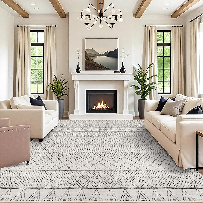 10 x 12 Area Rug - Modern Living Room Area Rugs Washable Moroccan Rugs Low Pile Non Slip Carpets Soft Indoor Thin for Bedroom Dining Room Office 10x12 Geo Grey