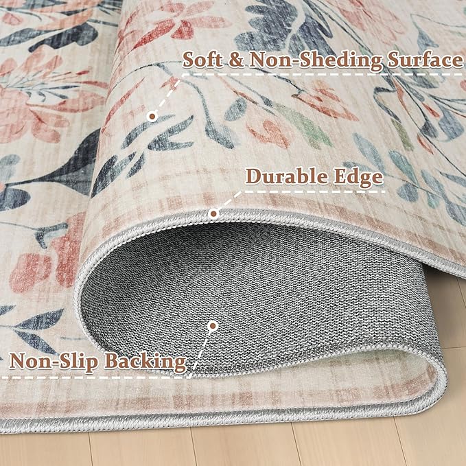 6x9 Area Rugs Washable Rug: Lagre Boho Living Room Rug Soft Non-Slip Thin Carpet Indoor Floor Non-Shedding Neutral Floral Carpets for Bedroom Dining Room Farmhouse Nursery Multi