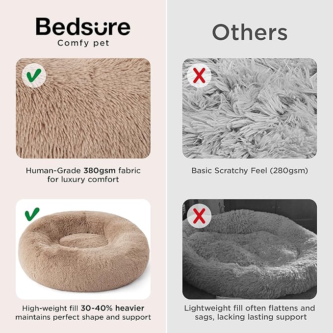 Bedsure Calming Dog Bed Medium Size Dog - Donut Washable Medium Pet Bed, 30 inches Anti-Slip Round Fluffy Plush Faux Fur Cat Bed, Fits up to 45 lbs Pets, Camel