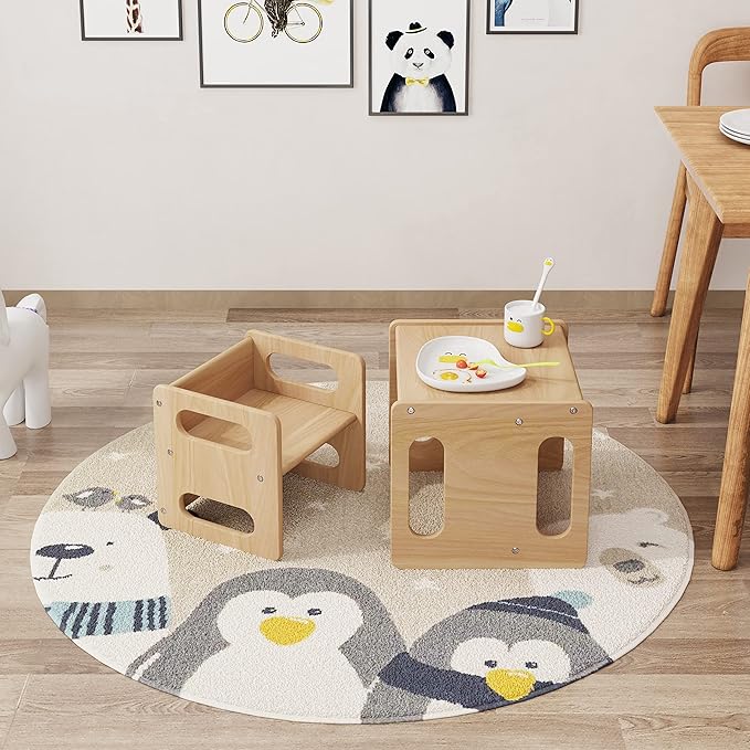Montessori Weaning Table and Chair Set,Real Hardwood, Desk for Toddler Reading,Snack Time,Playroom,Activity Cube,Step Stool,1-3 Year Old Kids Montessori Furniture