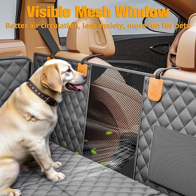 PETICON Back Seat Extender for Dogs, Hard Bottom Dog Car Seat Cover - Supports 400lbs, Rear Seat Pet Cover with Mesh Window, Waterproof Dog Hammock for Car SUV and Trucks