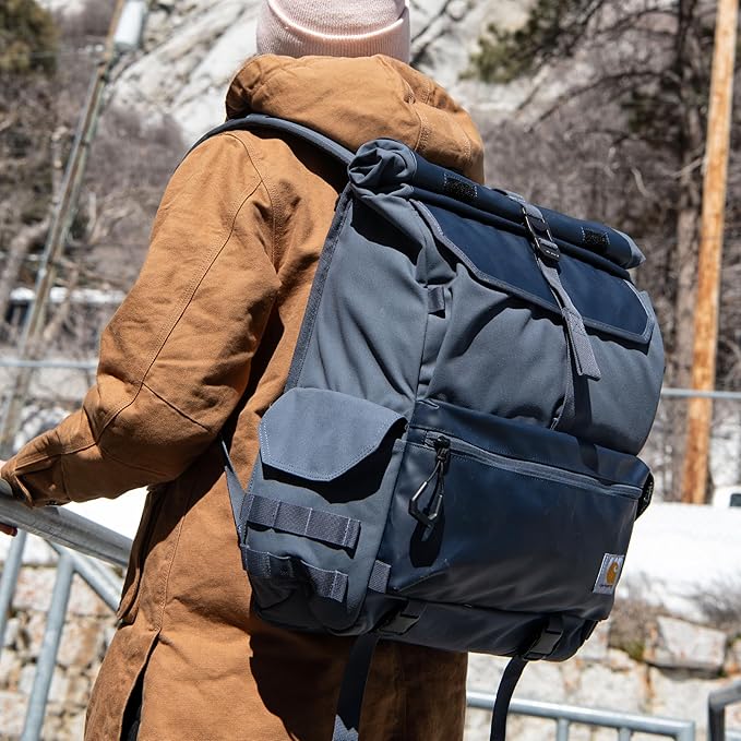 Carhartt 40L Nylon Roll Top Backpack, Heavy-Duty Water-Resistant Material W/ 17" Laptop Sleeve, Carhartt Brown