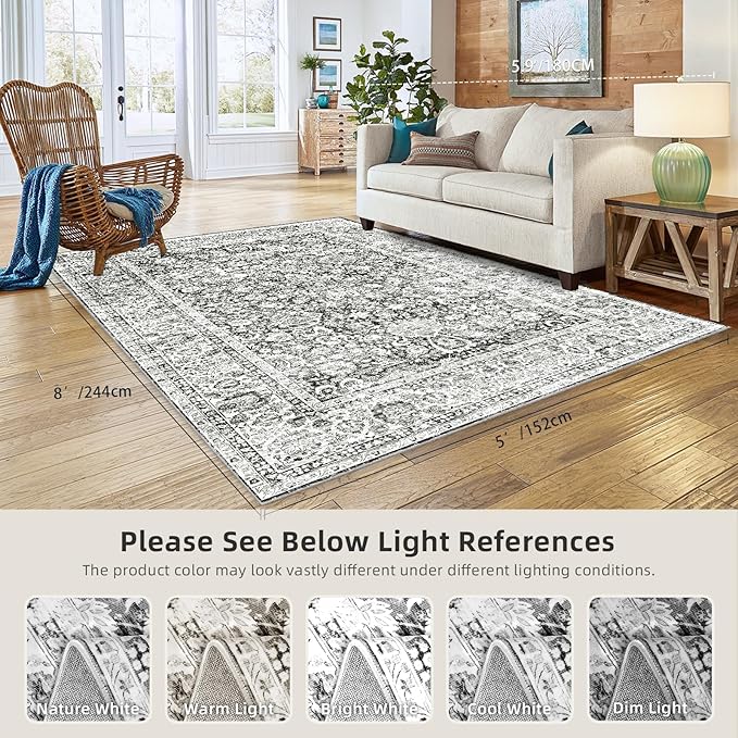 Grey 5x8 Area Rugs for Living Room Machine Washable Rugs Boho 5x8 Rug for Living Room Carpet Non-Slip Family & Pet Friendly Area Rugs Print Floor Rug(Vintage 5x8ft)