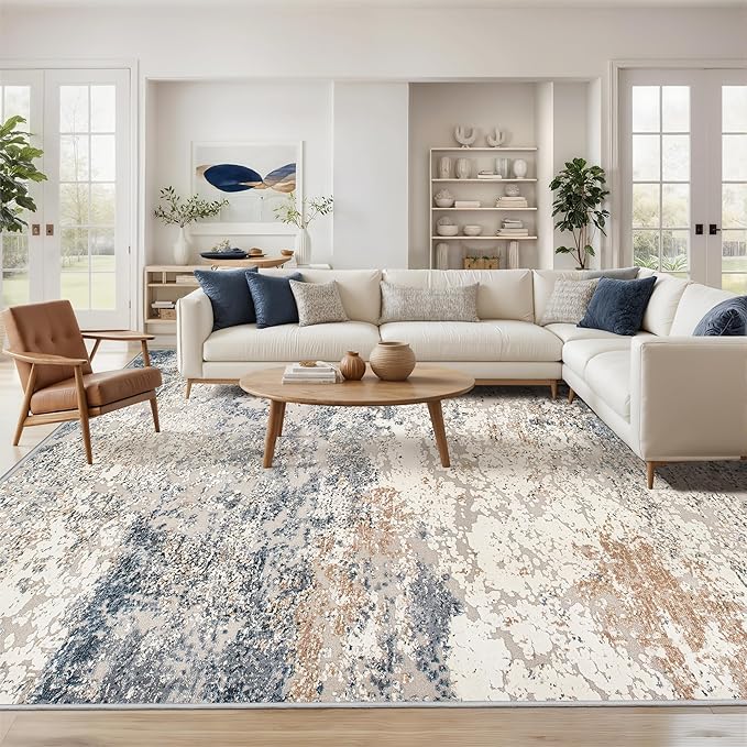 Art&Tuft Washable Rug, Anti-Slip Backing Abstract Area Rug 6x9, Stain Resistant Rugs for Living Room, Foldable Machine Washable Area Rug (TPR18-Blue, 6'x9')
