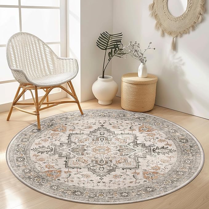 GENIMO 9FT Round Area Rugs for Living Room, Circle Rugs Machine Washable Low Pile, Chenille Non Slip Vintage Rug for Bedroom, Dining Room, Home Office, Light Taupe Brown