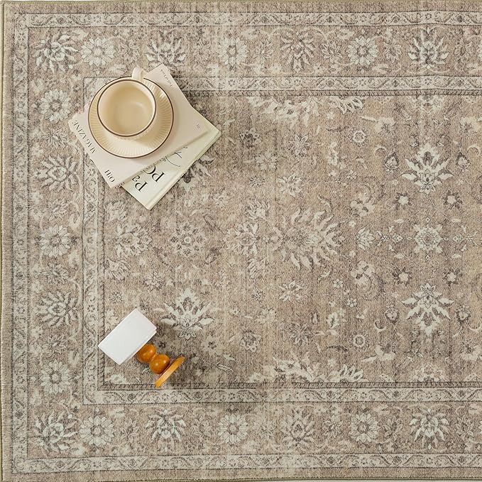 8x10 Area Rug Brown Washable Vintage Carpet Living Room Bedroom Large Non Slip Stain Soft Resistant Low Pile Thin Boho Accent Indoor Throw Rug for Dining Room Office