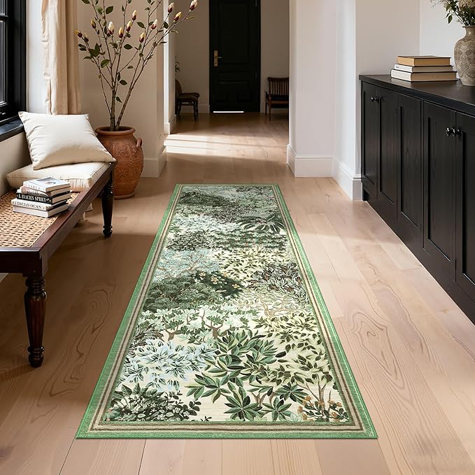 GarveeHome Forest Runner Rug, Beige Green Washable Runner Rug 2x6 for Kitchen, Botanical Low Pile Non Slip Stain Resistance Woodland Hallway Rug for Entryway Bedroom Laundry Room