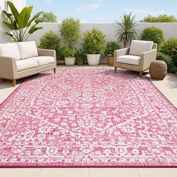 JONATHAN Y Boho Medallion Indoor Outdoor Area Rug 3X5 Fuchsia/Light Gray, Malta Textured Weave for Backyard, Patio, Porch, Easy-Cleaning, High Traffic, Pet-Friendly, Non-Shedding (SMB104E-3)