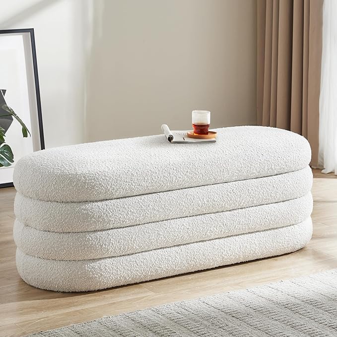 Boucle Storage Ottoman Bench for Bedroom 49.2 Inch Upholstered Modern Bedroom Bench with Storage Oval Large End of Bed Bench with Storage for Living Room, Entryway(Ivory)