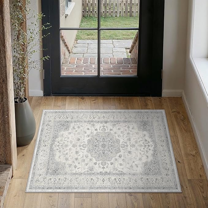 HUGEAR Entryway Machine Washable Area Rugs 2x3 Vintage Grey Small Neutral Style Non Slip Stain Resistant Low Pile Throw Carpet for Hallway Kitchen Retro Aesthetic Modern Decor