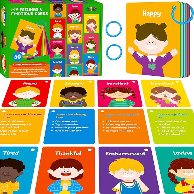 Emotions Flashcards, 50 Different Feelings with Coping Skills-Learn to Identify Various Moods, Cartoon Faces Emotions for Kids with Autism, ADHD -Emotion Flipbook for Therapy, Home Use