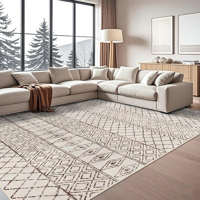 10 x 12 Area Rug - Modern Living Room Area Rugs Washable Moroccan Rugs Low Pile Non Slip Carpets Soft Indoor Thin for Bedroom Dining Room Office 10x12 Geo Beige
