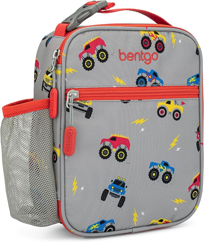 Bentgo Kids Insulated Lunch Tote - Water-Resistant, Reusable, Lightweight & Durable Lunch Bag with Water Bottle Holder & Exterior Pocket, Fits Lunch Box & Water Bottle - Ideal for Ages 3+ (Trucks)
