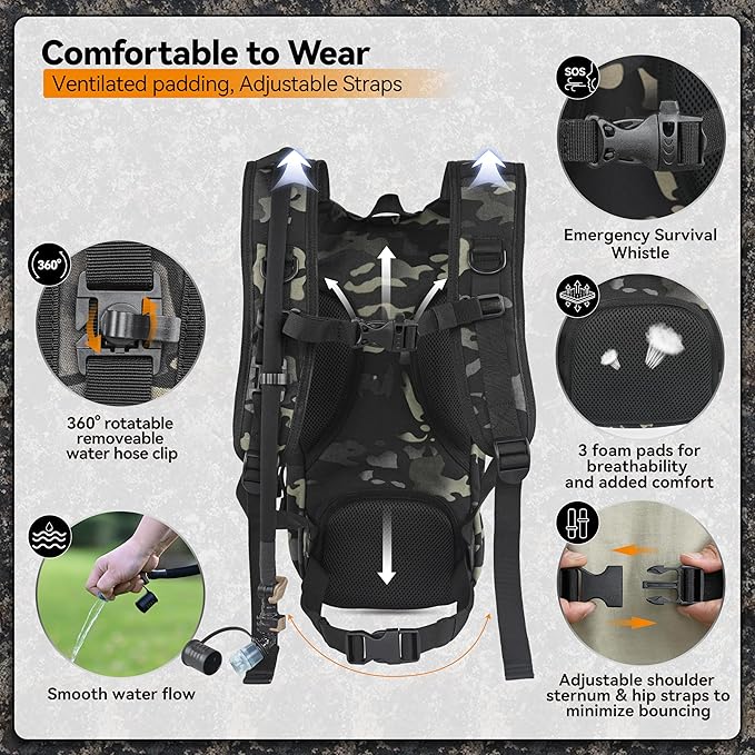 MARCHWAY Tactical Molle Hydration Pack with 2.5L TPU Water Bladder, Low-Profile Organized Military Backpack for Hiking, Cycling, Backpacking, Hunting, Running
