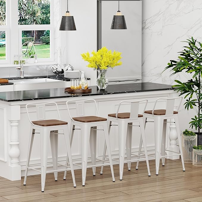 Yongchuang 30 inch Bar Stools Set of 4 Bar Height Metal Barstools with Wood Seat Low Back Kitchen Bar Chairs Cream White