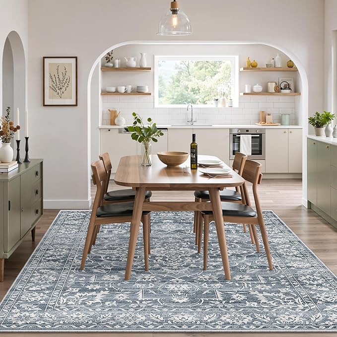 5x7 Area Rugs for Living Room, Washable Vintage Floral Non-Slip Low Pile Natural Rug Soft Throw Carpet for Dining Room Bedroom Home Office Nursery (Blue, 5'x7')