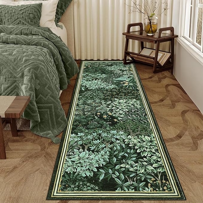 GarveeHome Forest Runner Rug, Dark Green Washable Runner Rug 2x6 for Kitchen, Botanical Low Pile Non Slip Stain Resistance Woodland Hallway Rug for Entryway Bedroom Laundry Room