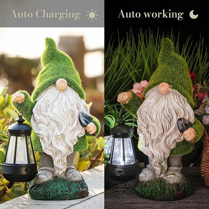 TERESA'S COLLECTIONS Christmas Outdoor Statue for Home, Resin Gnome Decorations with Solar Outdoor Lights for Garden Decor,Green Garden Sculptures & Statues for Front Patio Lawn, Gifts for Mom,8"