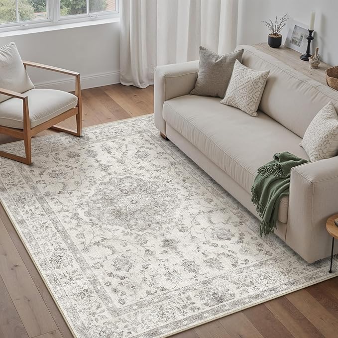 3x5 Area Rug Gray Washable Vintage Entryway Office Carpet Small Non Slip Soft Low Pile Soft Thin Kitchen Bathroom Retro Accent Throw Rug Entrance Bedroom Office Living Room Laundry