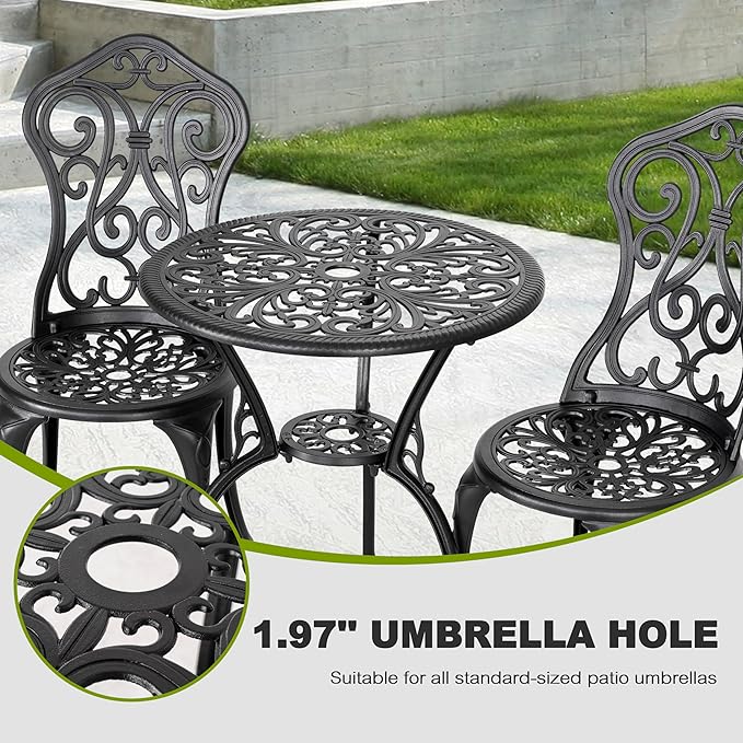 NUU GARDEN 3 Pieces Patio Bistro Set, Round Table with Umbrella Hole, Outdoor Bistro Set with 2 Chairs, All-Weather Outdoor Patio Bistro Set for Garden, Lawn, Poolside, Porch, Black