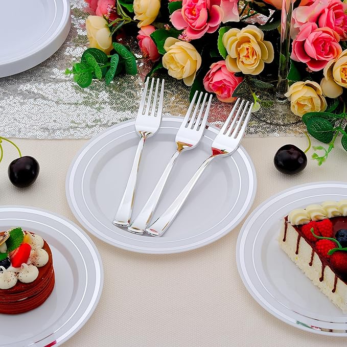 120pcs Silver Dessert Plates with Forks for 60 Guests-60pcs 7.5" Disposable Silver and White Small Plates with 60pcs 7.4" Forks-Cake/Appetizer/Salad Plate for Wedding,Birthday,Party