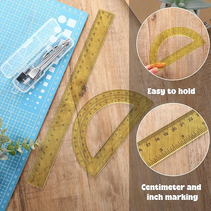 Zonon 3 Pcs Plastic Ruler 6 Inch Protractor Drawing Compass Set, Student Geometry Math Transparent Measuring Tools for Home School Classroom Office Supplies(12 Inch,Yellow)
