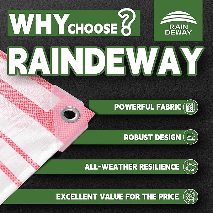RAINDEWAY Tarps 16x20 Feet,12 Mil Sunshade Striped Tarp Waterproof,Multipurpose Poly Tarp Cover with Grommets and Reinforced Edges,Red/White Tarps