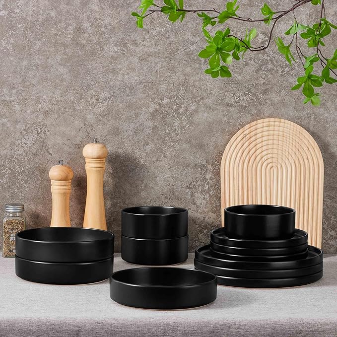 Herogo Dinnerware Sets with Pasta Bowls for 6, 24 Piece Dinner Salad Plates and Cereal Serving Bowls, Stoneware Dishes Dinner Ware for Home Kitchen, Dishwasher & Microwave Safe, Matte Black