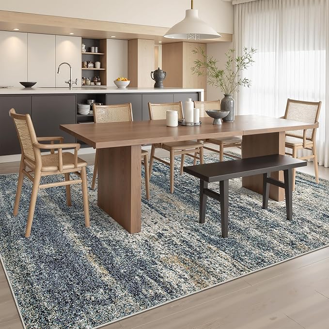 Art&Tuft Washable 9x12 Area Rug, Anti-Slip Backing Abstract Area Rugs 9x12 Living Room, Stain Resistant Rugs for Living Room, Foldable Machine Washable Area Rug (TPR19-Navy, 9'x12')