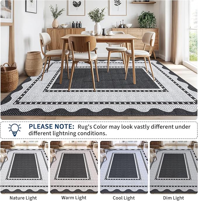 GarveeHome Washable Area Rug 10x13 Modern Border Neutral Print Pattern Large Solid Rugs, Low Pile Non Slip Stain-Resistant Soft Carpet, Perfect for Living Room, Bedroom, Kids Room, Nursery, Black Grey