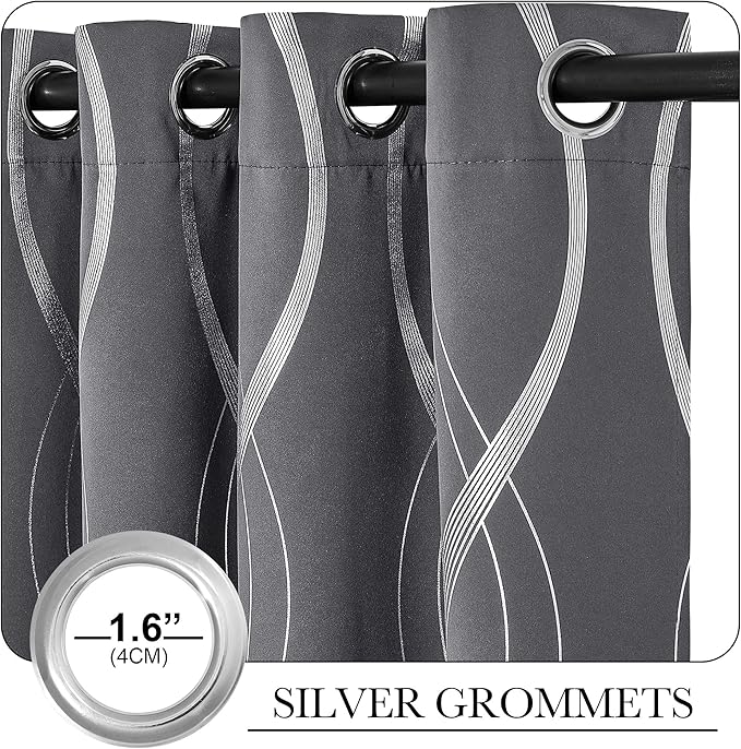 NICETOWN Blackout Curtains Panels for Bedroom, Microfiber Noise Reducing Thermal Insulated Wave Line Foil Print Design Blackout Curtains for Patio Sliding Glass Door (2 Panels, 34 x 84 Inch, Gray)
