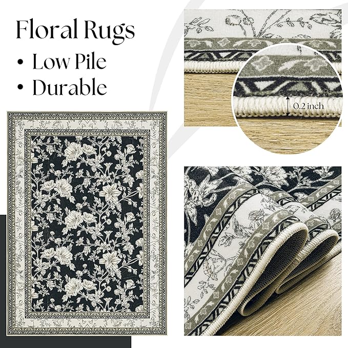 Black Floral Rug 5x7 Machine Washable Area Rug for Living Room Vintage Boho Farmhouse Low Pile Distressed Carpet for Dining Room, Bedroom Indoor Non-Slip Black Beige Taupe Flower Design Home Decor
