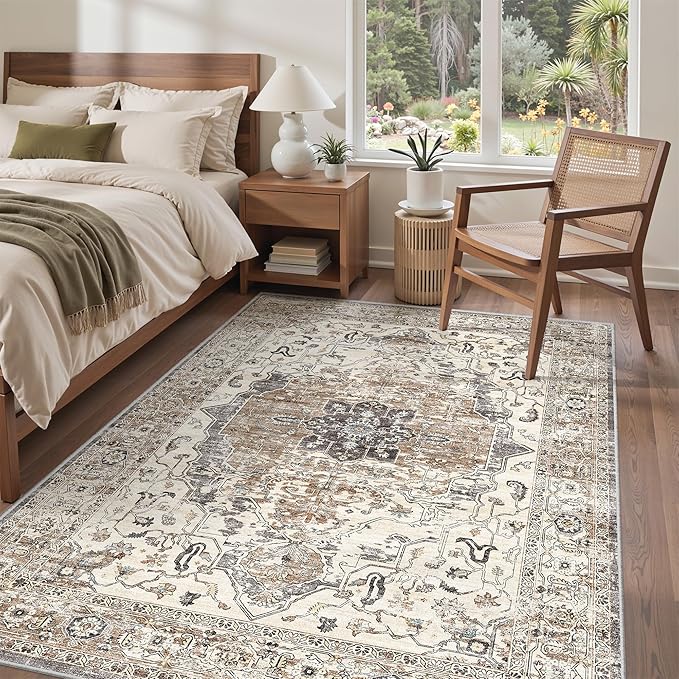 6x9 Area Rugs for Living Room,Super Soft Ultra-Thin Stain Resistant Machine Washable Rugs for Bedroom,Non-Slip Backing Large Area Rug(Brown/Grey,6'x9')