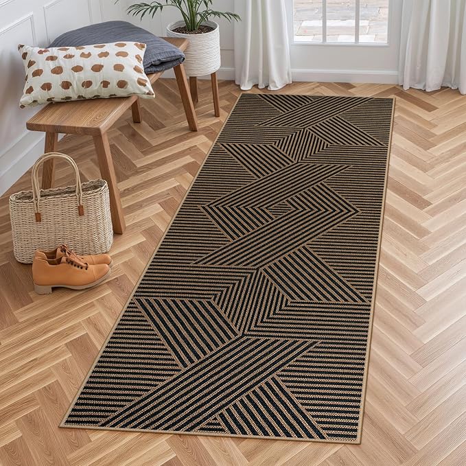 Lahome Modern Geometric Runner Rug, 2x6 Washable Rug Runners for Hallways Non Slip, Black Outdoor Carpet with Rubber Backing, Farmhouse Non Shedding Kitchen Mats for Floor Entryway