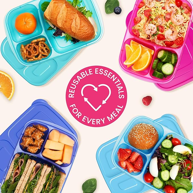 Bentgo Easyboxes - Original Stackable Lunch Boxes - Reusable 3-Compartment Food Containers for Kids and Adults - Bento Lunch Box for Meal Prep, School, & Work - BPA Free, Set of 4 (Jewel Brights)
