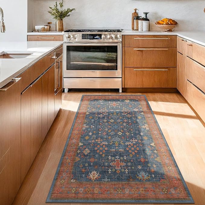 Washable Kitchen Rugs, 3x6 Area Rug for Large Entryway Indoor, Kitchen Mat, Small Rug for Living Room - Stain Resistant Non Skid Non Slip Rubber Backing, Boho Aethestic Décor (3x6 Navy Blue)