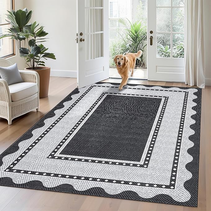 GarveeHome Modern Neutral Area Rug 5x7 Non Slip Washable Rugs for Living Room, Contemporary Bordered Rugs Stain-Resistant Soft Carpet, Low Pile Floor Mats for Dining Room, Bedroom, Black Grey