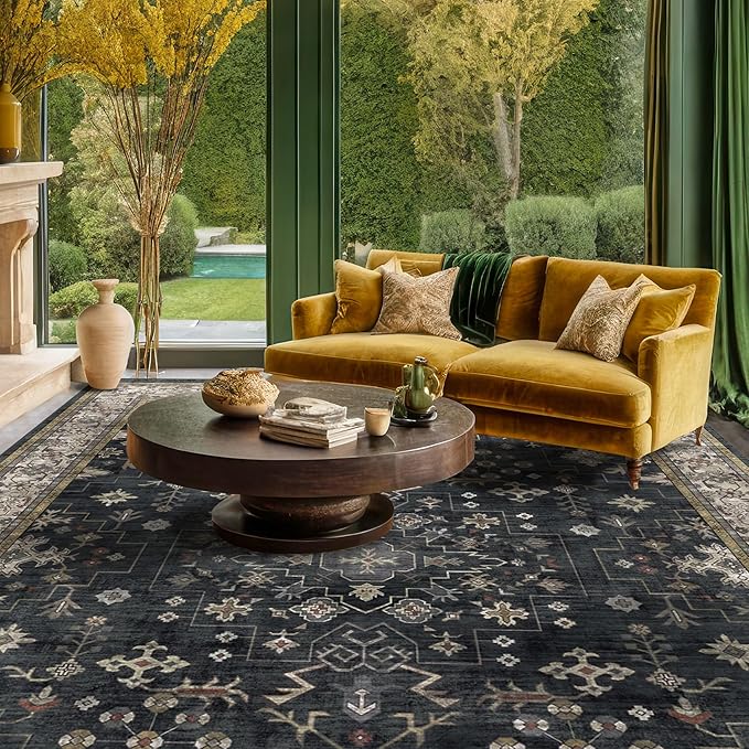 Boho Dining Room Rugs for Under Table - Washable Black Area Rug for Living Room, Low Pile Non-Slip Rugs for Bedroom, Office - Charming Geometric Decor & Stain Resistance - 6x8 Black/Multi